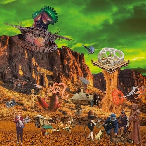 A surreal landscape featuring vibrant green skies, rocky formations, whimsical structures, and eclectic characters interacting with fantastical elements and creatures.