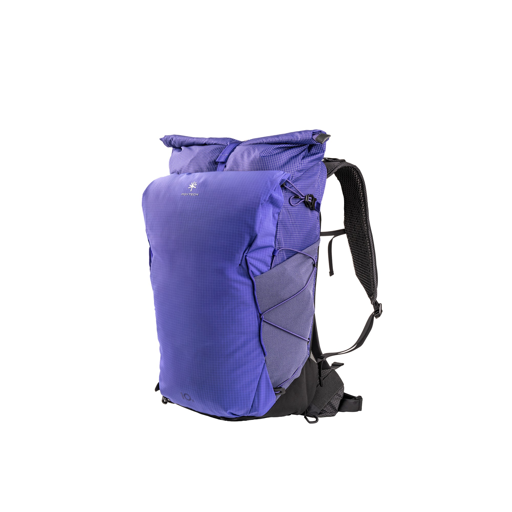Purple and black PGYTECH P-CB-414 backpack featuring a roll-top closure, padded shoulder straps, and multiple side pockets for storage.