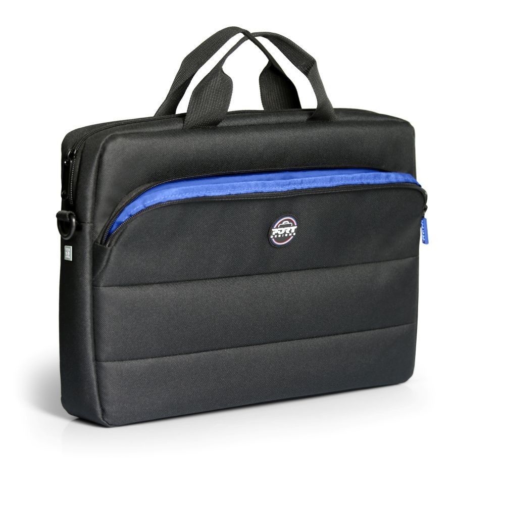 Black briefcase with a blue zipper accent, made from durable material, featuring dual handles and a sleek, padded design for a 40.6 cm (16") laptop.