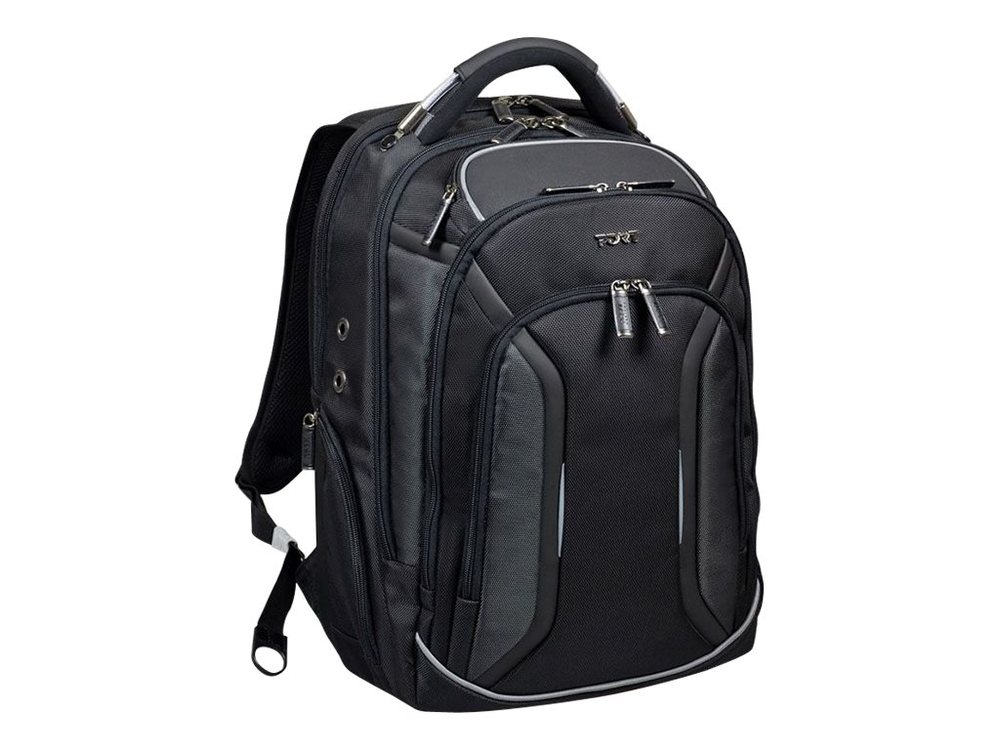 Black polyester casual backpack featuring multiple compartments, padded shoulder straps, and a sleek design with silver accents.