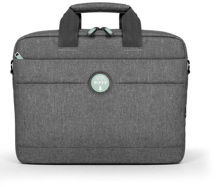 Grey fabric briefcase with dual top handles, a zip closure, and a circular logo patch, designed for laptops up to 15.6 inches.