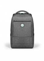 Grey eco-friendly backpack with a textured finish, featuring a front zip pocket, padded shoulder straps, and a top handle, designed for laptops up to 15.6 inches.