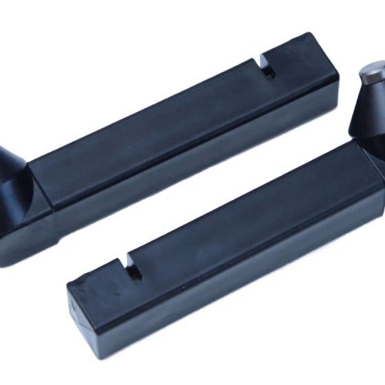 Black R&G Motorcycle Front Paddock Stand Pins made of durable material, featuring a sleek design with a tapered end for easy fitting and a flat base for stability.