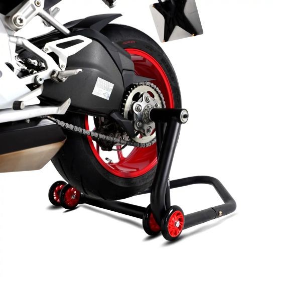 Single-sided paddock stand in black with red wheels, designed for motorcycle maintenance, featuring a sturdy metal frame and a fitment for left-side use.