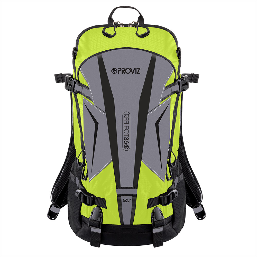 Bright yellow and gray reflective touring backpack with adjustable straps, a padded back, and multiple compartments, designed for visibility and comfort during outdoor activities.