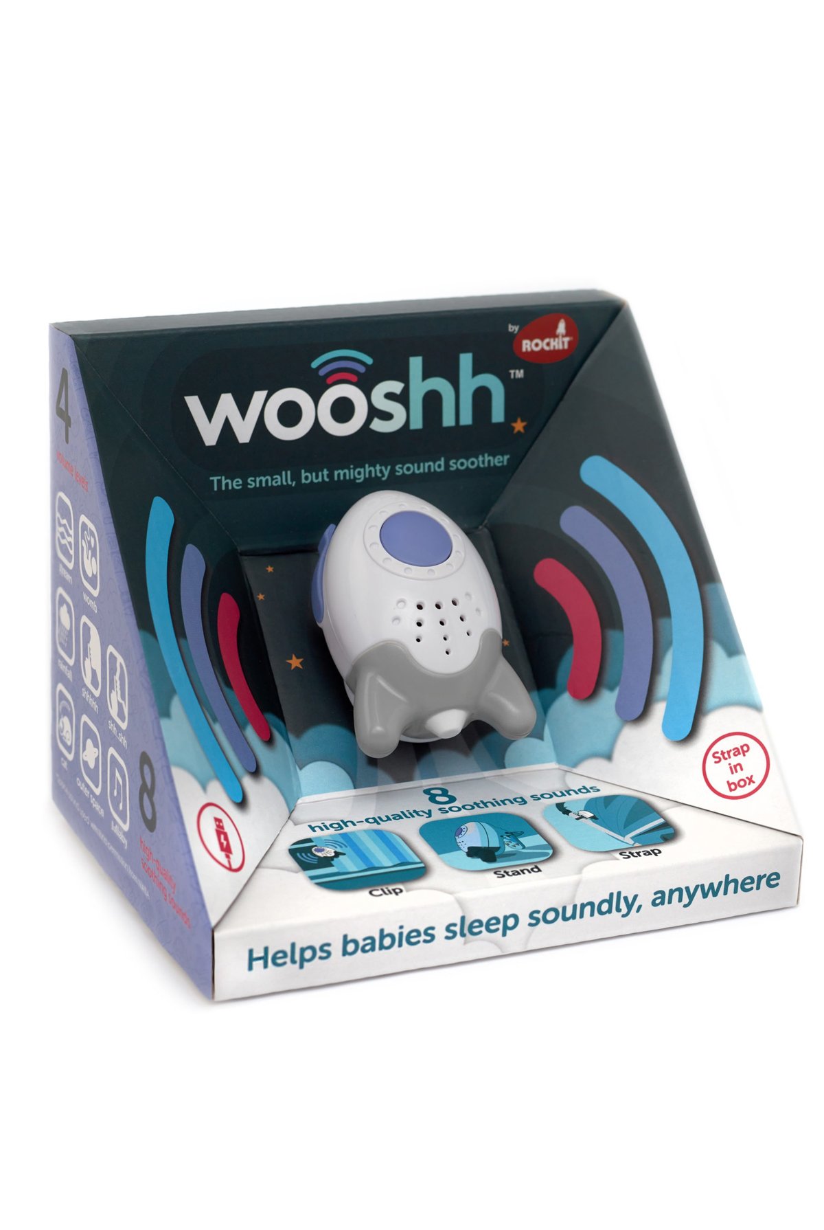 Compact white sound machine with a gray clip, featuring eight soothing sounds, packaged in a colorful box with a blue and red design, labeled "wooshh by Rockit."