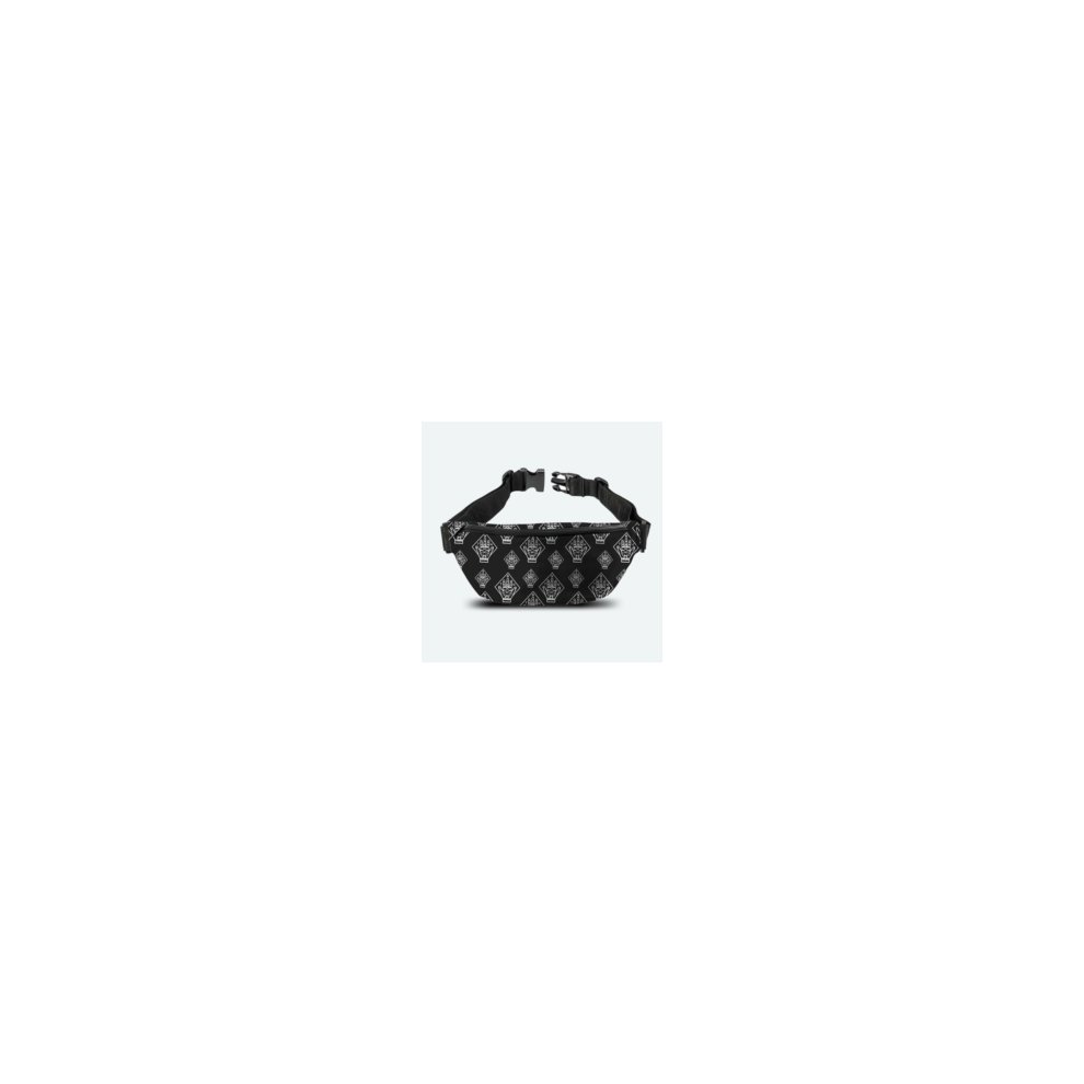 Black bum bag featuring a tattoo-inspired design with intricate patterns, adjustable strap, and a secure buckle, part of the Bring Me the Horizon official merchandise.