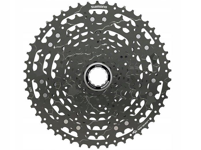 Shimano CS-LG400-11 CUES Link Glide Cassette in black, featuring 11-speed configuration with 11-50 teeth, showcasing a durable metal construction and intricate gear design.