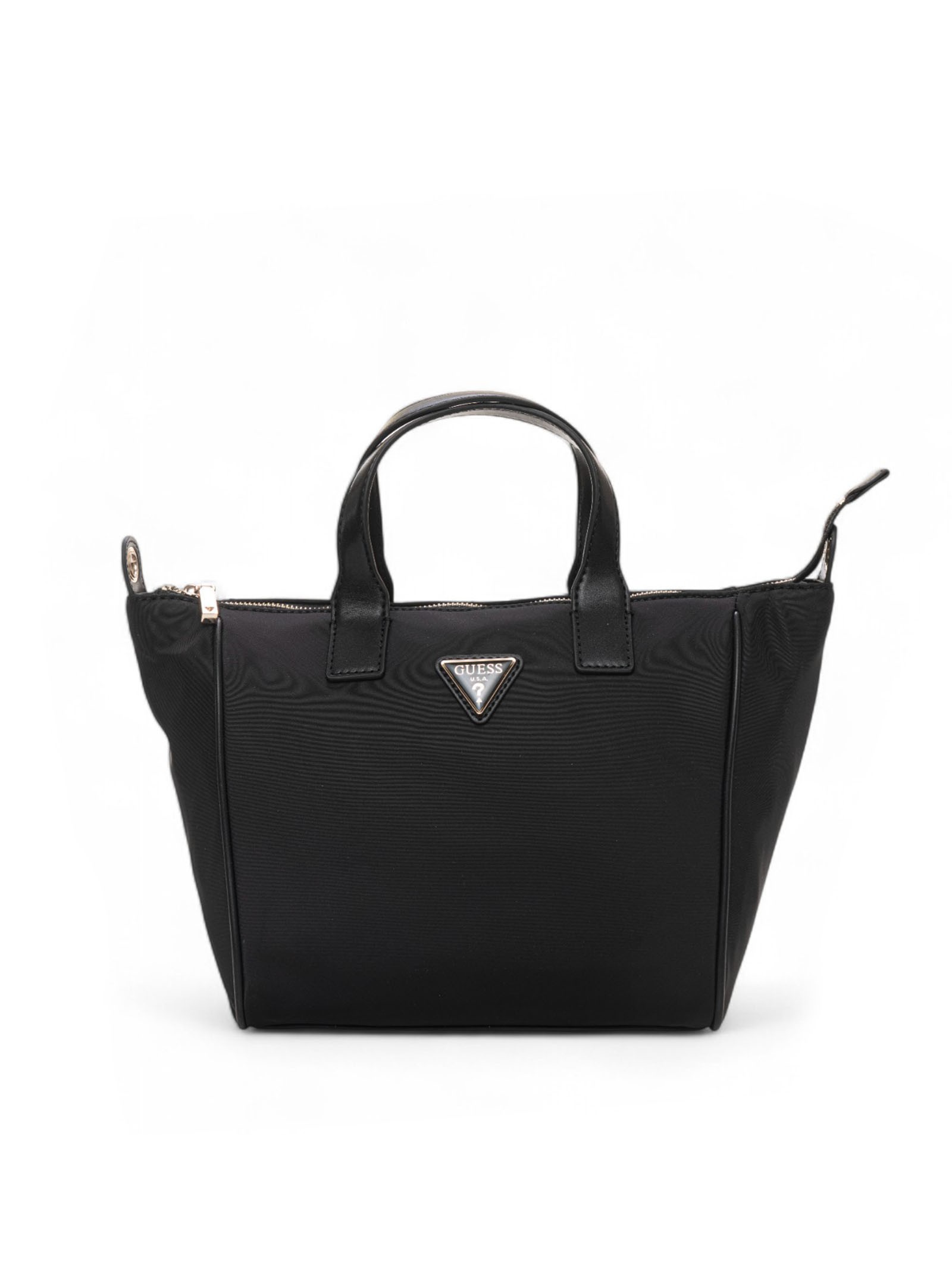 Small black nylon bag by Guess with dual top handles, a triangular logo plaque on the front, and a zip closure.