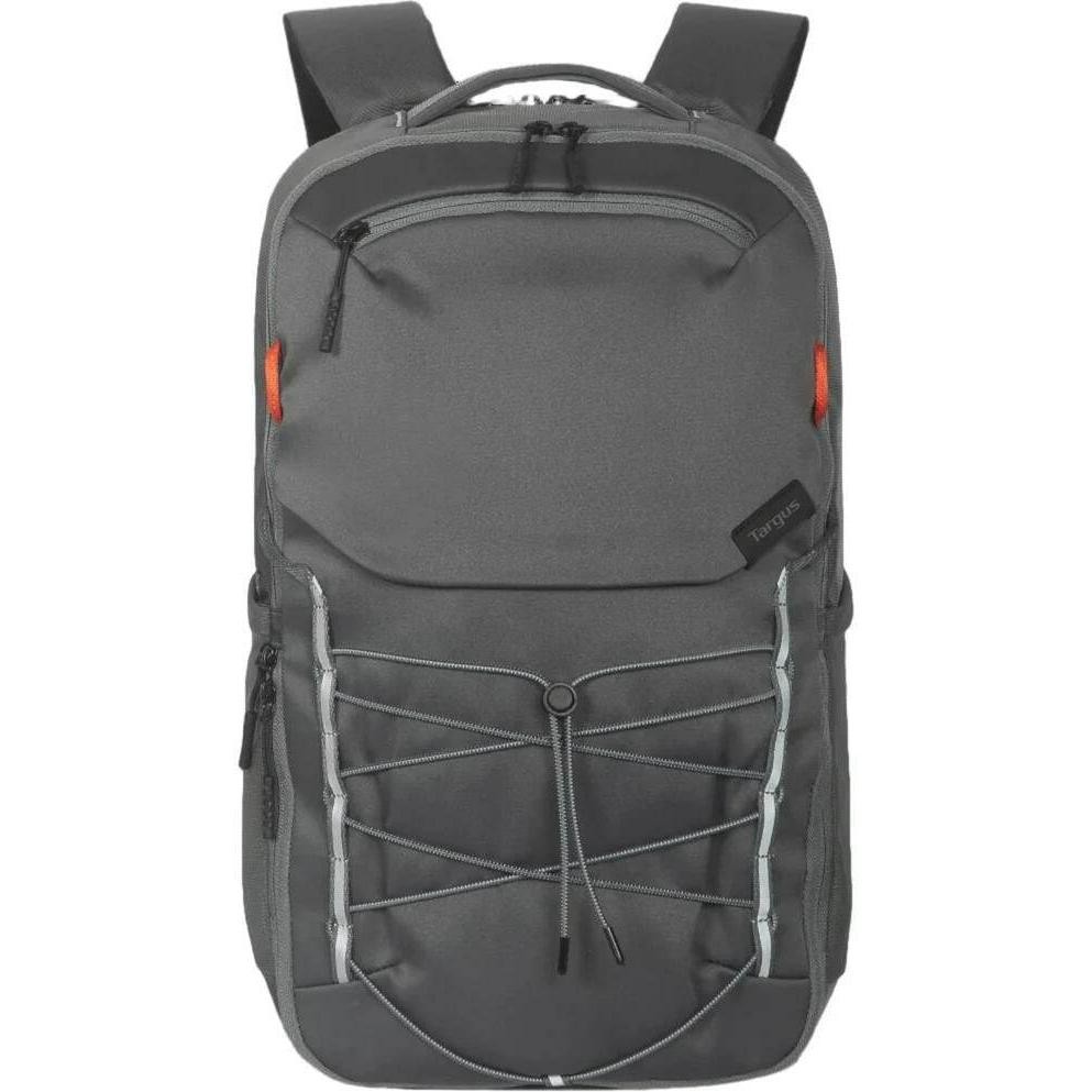 Gray Targus Work+ Play® Trio Backpack features padded shoulder straps, a front zip pocket, bungee cord detail, and a spacious main compartment for laptops up to 16 inches.