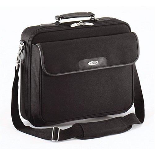 Black Targus laptop bag designed for up to 16-inch laptops, featuring a padded compartment, detachable shoulder strap, and clamshell design with a front flap pocket.