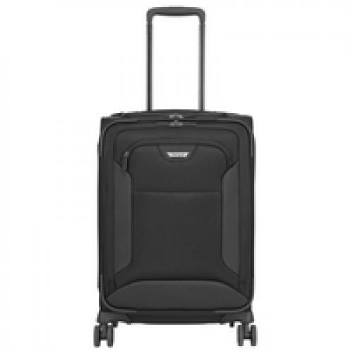 Black 15.6" 4-wheeled roller suitcase by Targus features a sleek design, durable material, and a front zip pocket for easy access.
