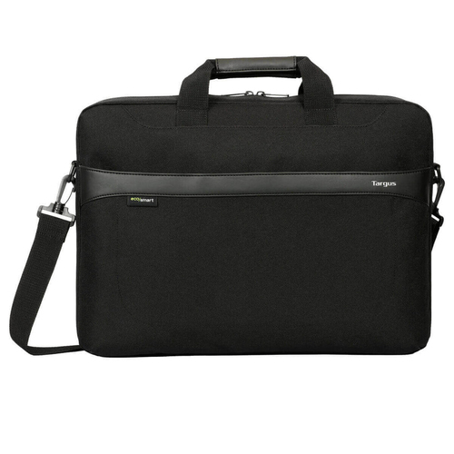 Black Targus GeoLite slip case for 17.3" laptops, featuring a durable fabric exterior, top handles, adjustable shoulder strap, and a front zippered pocket.
