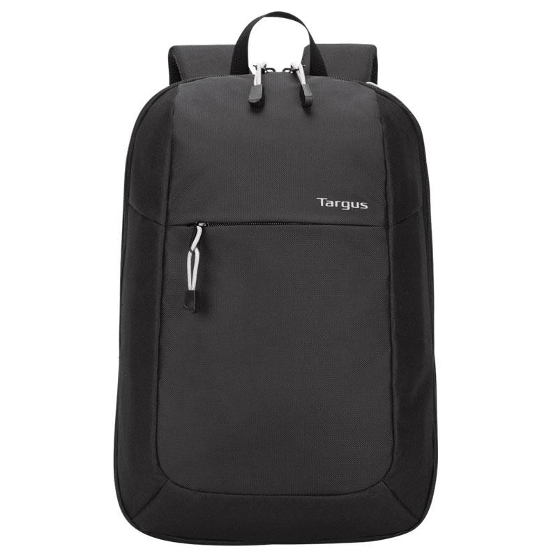 Black Targus TSB966GL backpack featuring a sleek design, padded shoulder straps, a front zip pocket, and a durable fabric material.