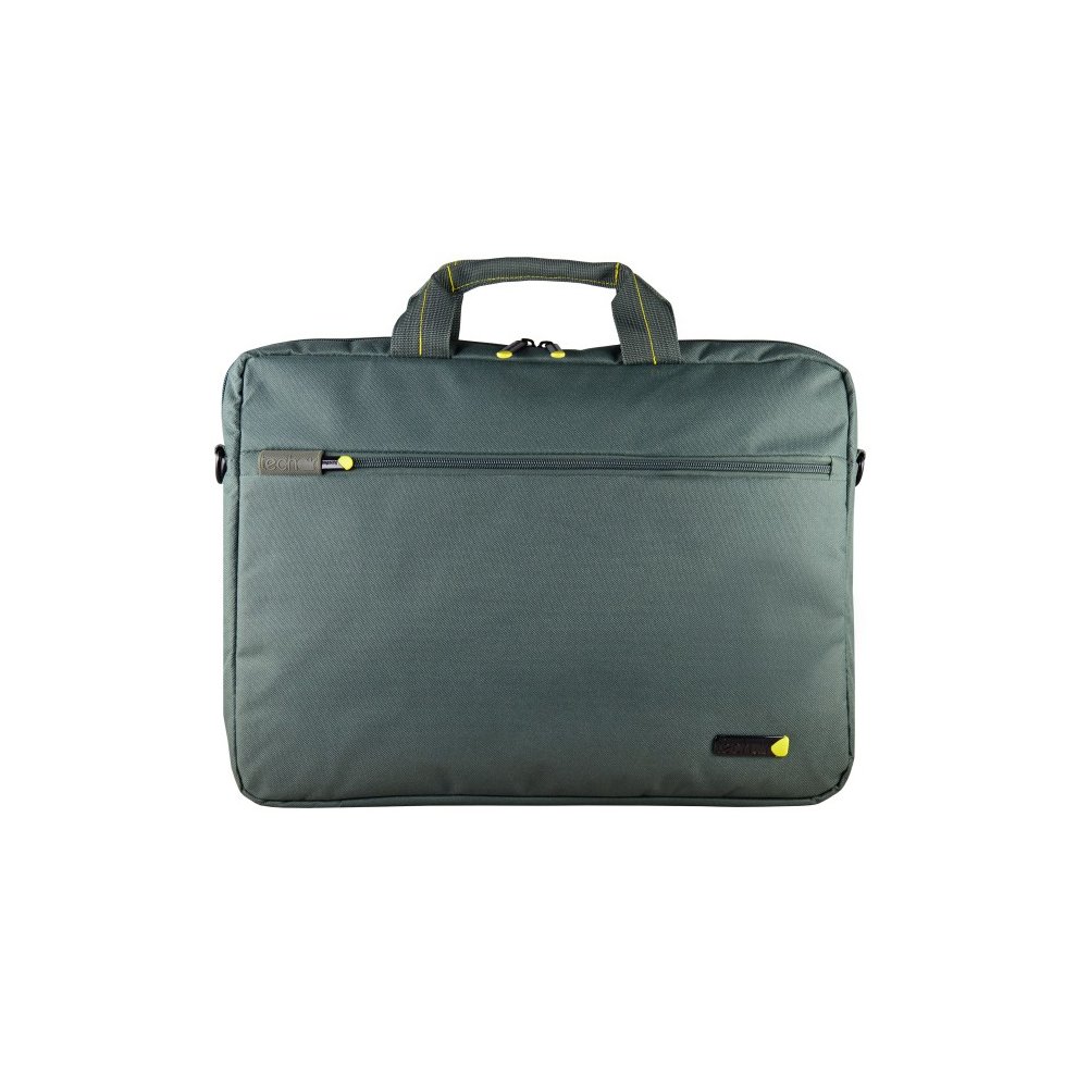 Dark green Techair TAN1713 backpack for 14-15.6" laptops, featuring a padded compartment, top handle, and yellow accents for added style and visibility.