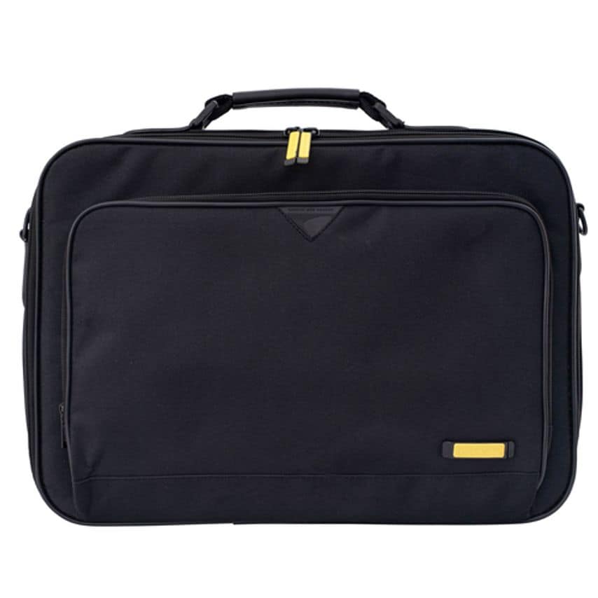 Black Techair TANZ0143 laptop bag designed for 16-17.3" laptops, featuring a padded compartment, dual zipper closure, and a yellow accent on the front pocket.