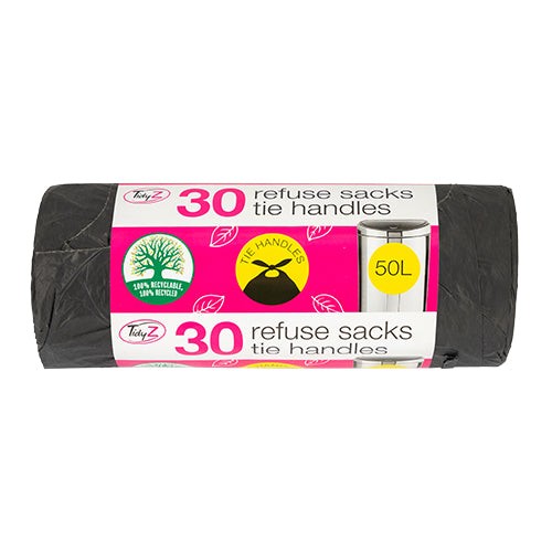 Black refuse sacks rolled in a pack of 30, featuring tie handles, labeled with pink and yellow accents, and marked as 50L capacity and recyclable.