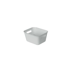 Grey medium-duty plastic nesting storage box with open handles, featuring a square shape and smooth surface, ideal for organizing various items.