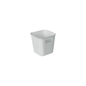 Medium-duty grey plastic nesting storage box with a square shape, rounded edges, and side handles for easy carrying.