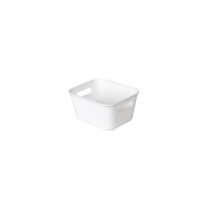 White medium-duty plastic nesting storage box with open handles, square shape, and a smooth finish, ideal for organizing various items.