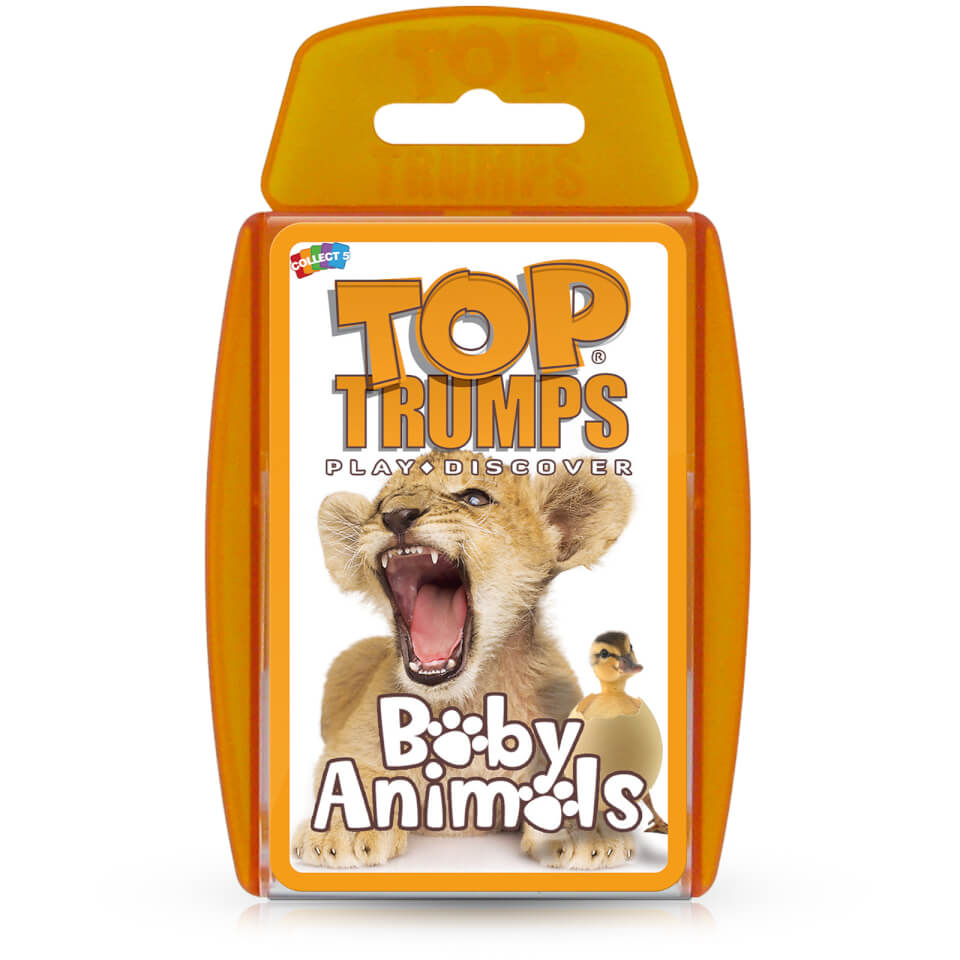 Bright orange plastic box featuring the title "TOP TRUMPS" and "Baby Animals" with a playful image of a roaring lion cub and a duckling on the front.