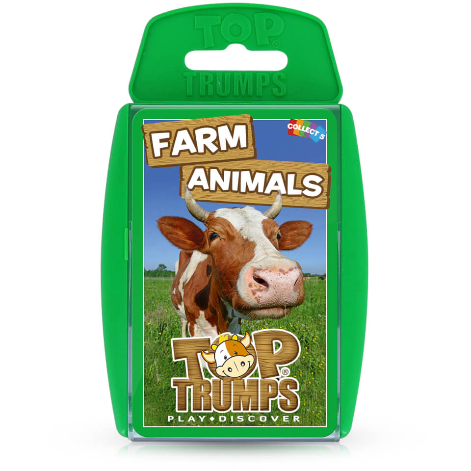 Bright green plastic case holding "Top Trumps Classics Card Game - Farm Animals Edition," featuring a cow on the front with a wooden sign and colorful branding.