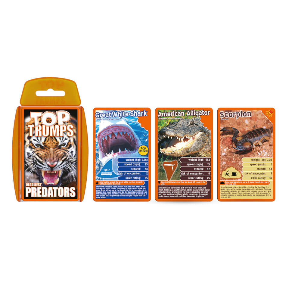 Top Trumps Classics Predators Edition features a vibrant orange box with a tiger graphic, displaying cards for Great White Shark, American Alligator, and Scorpion with colorful illustrations and stats.