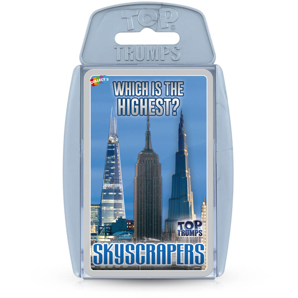 Clear plastic packaging containing a card for the "Top Trumps Skyscrapers Edition," featuring iconic skyscrapers and the question "Which is the highest?" in bold text.