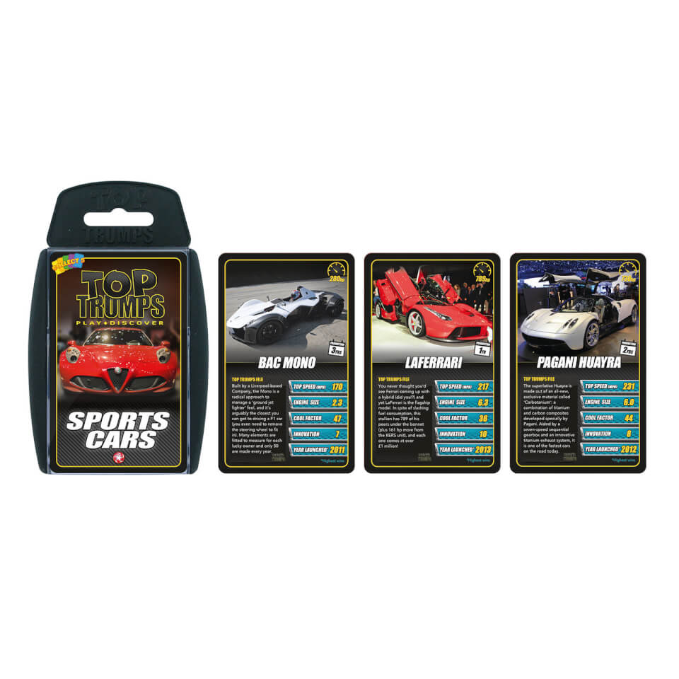 Top Trumps Classics Sports Cars Edition card game featuring a black card case and three cards displaying the BAC Mono, LaFerrari, and Pagani Huayra with stats and images.