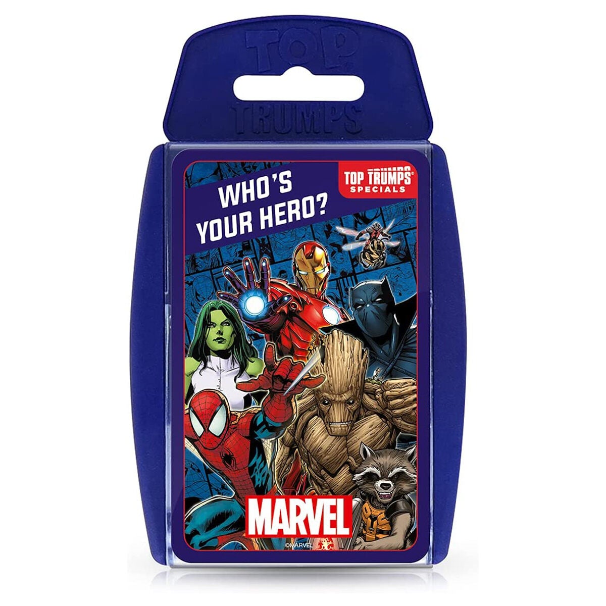 A blue card deck featuring Marvel characters like Spider-Man, Iron Man, and Groot, with vibrant comic-style artwork and the text "Who's Your Hero?" prominently displayed.