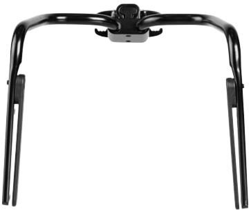 Black metal bike rack with a wishbone shape, featuring a central mounting point and two extending arms for securing cargo.