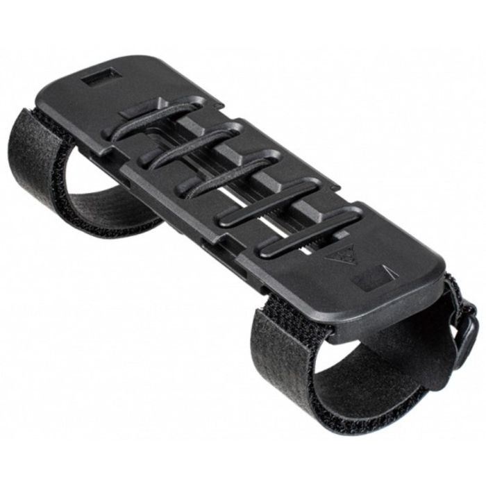 Black Topeak Fastfuel Platform Small made of durable plastic, featuring multiple slots for secure attachment and adjustable Velcro straps for easy mounting.