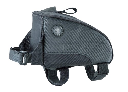 Black top-tube bag with a sleek design, featuring a textured carbon fiber-like material, adjustable straps, and a rounded shape for efficient storage on bicycles.
