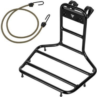 Black metal Topeak Handlebar Rack with a sturdy frame, featuring horizontal bars for cargo support and a green elastic bungee cord with hooks included.