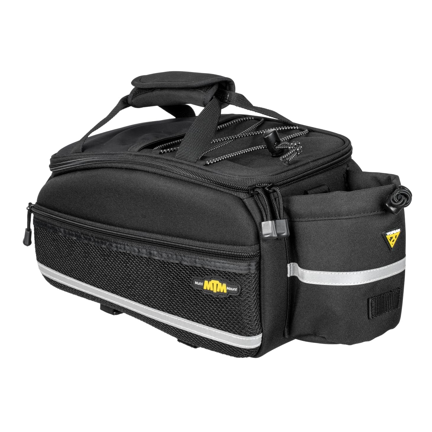 Black Topeak MTM TrunkBag EX made of durable material, featuring multiple compartments, a reflective strip, and a top handle for easy carrying.