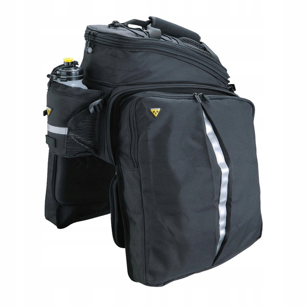 Black Topeak MTS Trunkbag DXP featuring multiple compartments, reflective stripes, a side mesh pocket for a water bottle, and a durable fabric construction.