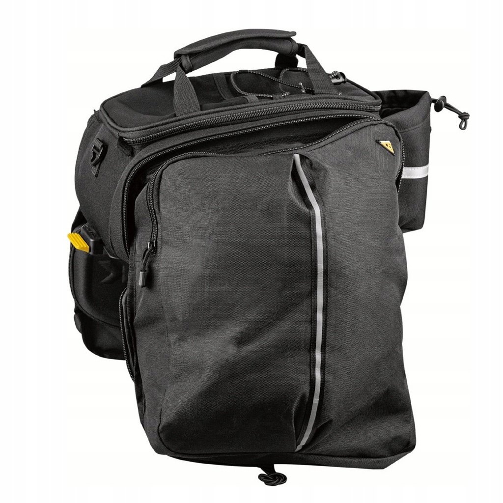 Black Topeak MTX Trunkbag EXP Pannier 2.0 features a durable fabric, multiple compartments, a reflective strip, and a side pocket for added storage convenience.