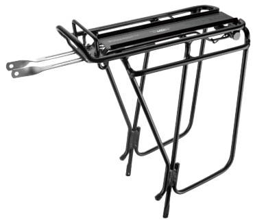 Black Topeak Super Tourist DX bicycle rack with a spring, featuring a sturdy metal frame and multiple mounting points for easy installation.