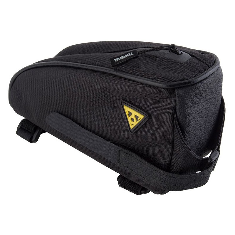 Black Topeak TopLoader top tube bag made of durable material, featuring a sleek design, zippered closure, and a yellow logo triangle on the side.