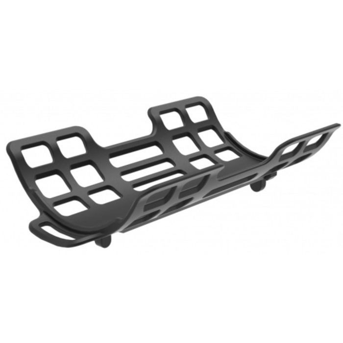 Black U-shaped bike rack made of durable plastic, featuring a grid-like design with cutouts for weight reduction and stability, suitable for carrying gear securely.