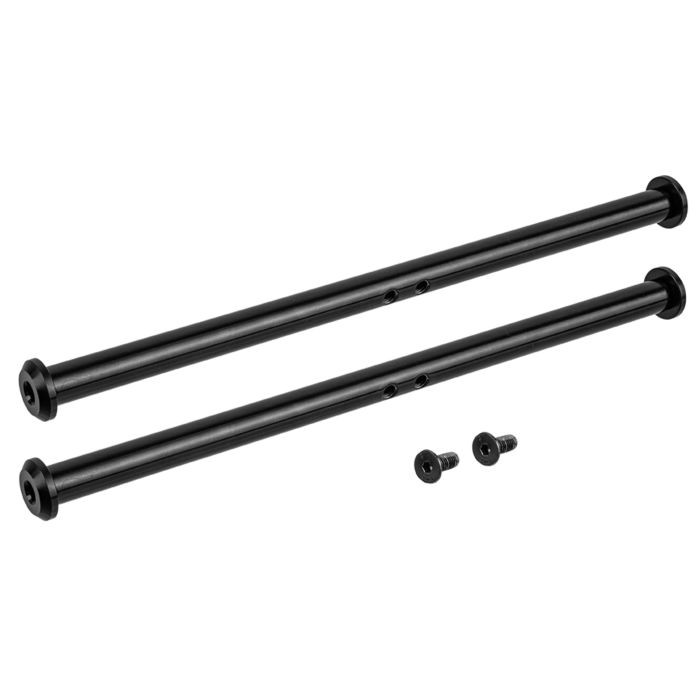 Black aluminum pannier bars with two cylindrical rods and multiple mounting holes, accompanied by two small black screws for secure attachment.