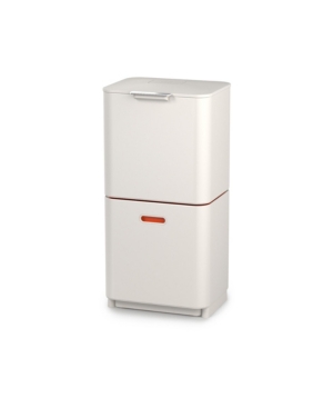 Stylish two-tier trash and recycling bin in stone color, made of durable plastic, featuring a sleek design with a silver handle and a red accent on the lower compartment.