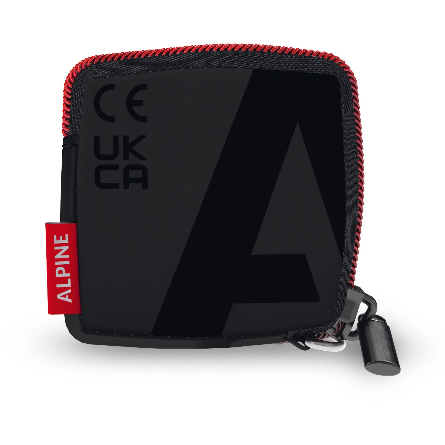 Compact black travel pouch with a glossy finish, red zipper, and Alpine branding, featuring a sturdy design ideal for storing hearing protection accessories.