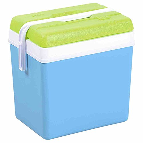 Square cooler with a light blue body, white lid, and bright green handle, featuring a secure latch for easy transport and insulation for keeping contents cool.