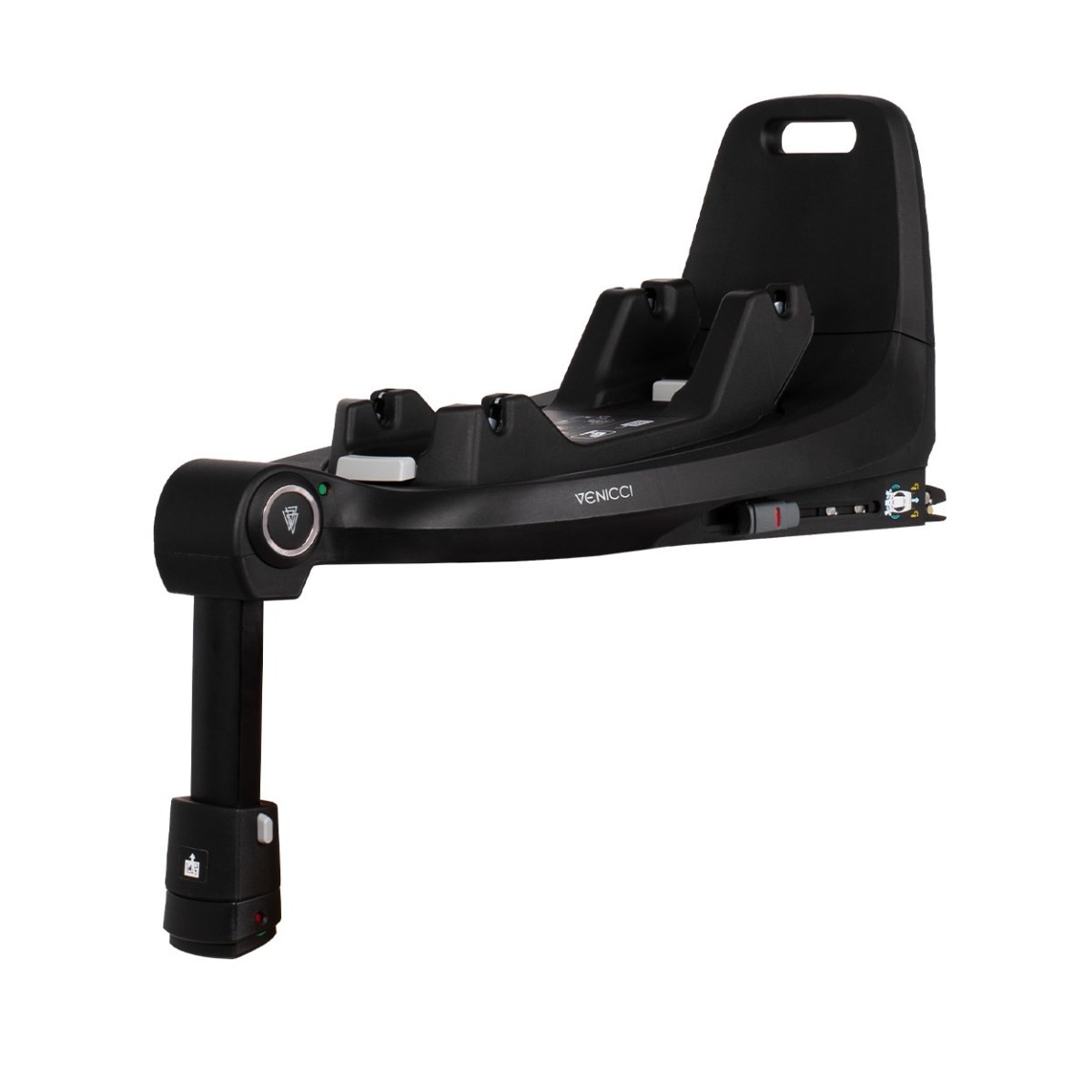 Black Venicci Tiago 360 Isofix Base featuring a sturdy design, adjustable support leg, and easy installation indicators for secure car seat fitting.