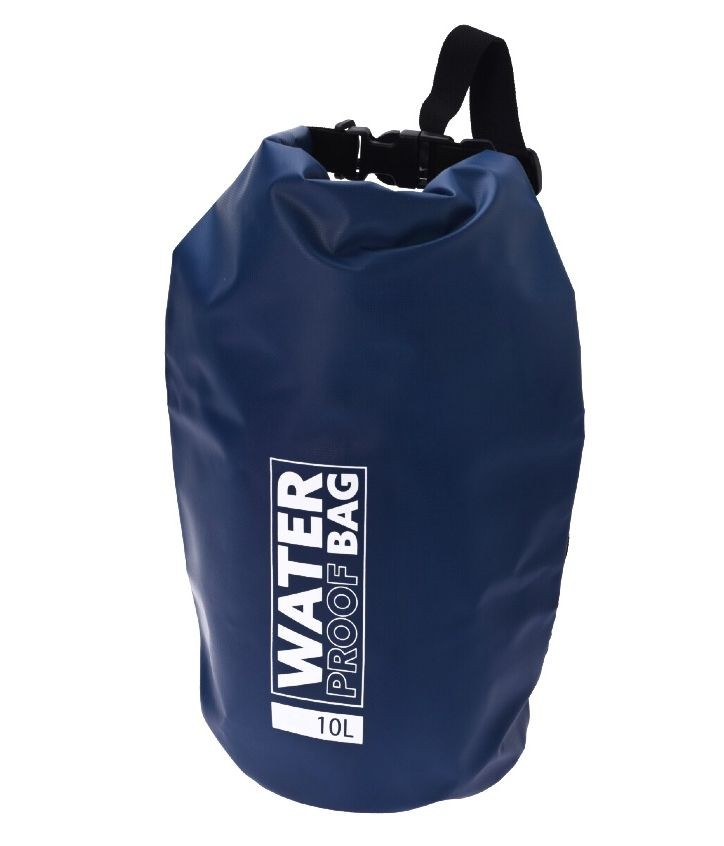Light blue waterproof bag with a 10-liter capacity, featuring a secure roll-top closure and a sturdy carrying strap, ideal for outdoor activities.