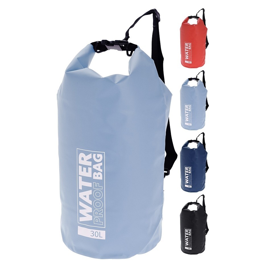 Black 30L waterproof bag with adjustable strap, featuring a roll-top closure and "WATER PROOF BAG" label, alongside red, blue, and light blue variants.