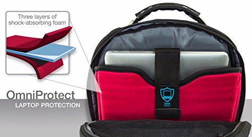 Black and blue Wenger/SwissGear 600638 laptop backpack featuring a padded compartment with three layers of shock-absorbing foam for laptop protection.