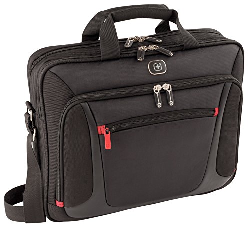 Black Wenger Swiss Gear Sensor briefcase with red zipper accents, designed for a 15" MacBook Pro, featuring an iPad pocket and dual top handles.