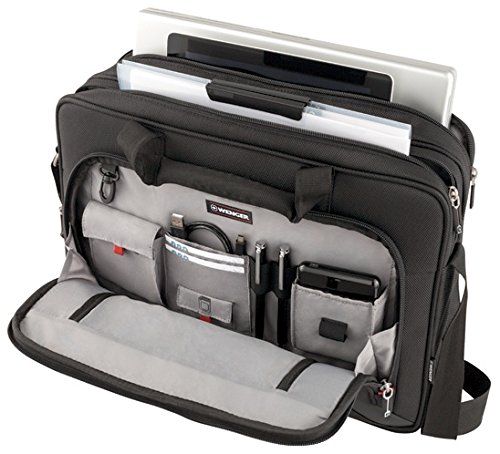 Black Wenger 600649 PROSPECTUS 16-inch laptop briefcase with padded laptop compartment, iPad/tablet pocket, and multiple organizational pockets, featuring a durable fabric design.